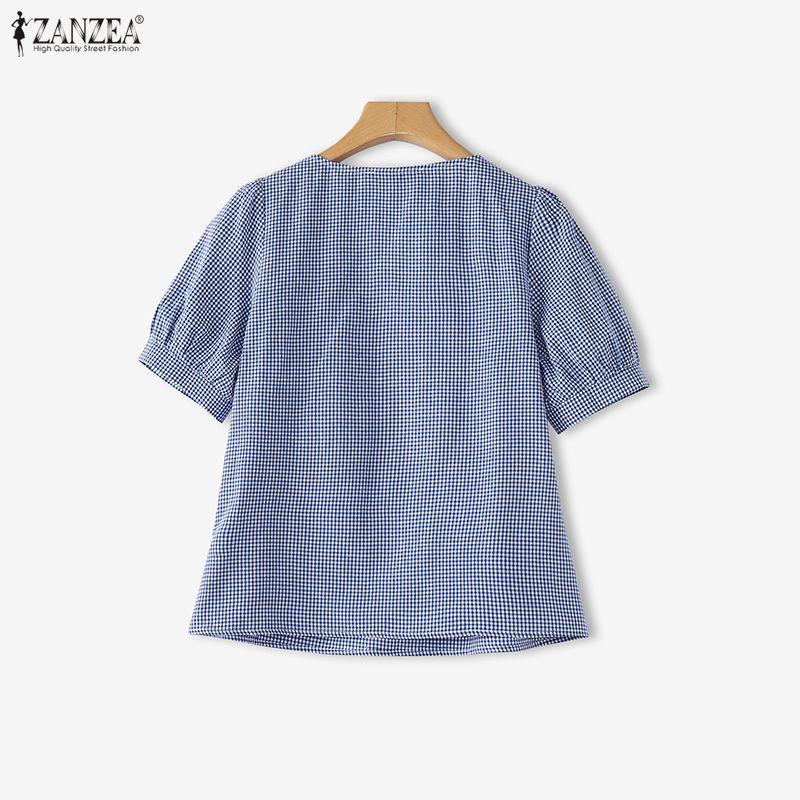 ZANZEA Women Grid Print Casual Square Collar Short Sleeve Blouse