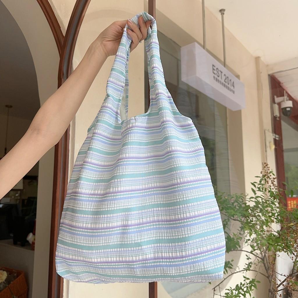 Stylish Dopamine Striped Canvas Tote Bag For Students Large Capacity Summer Handbag