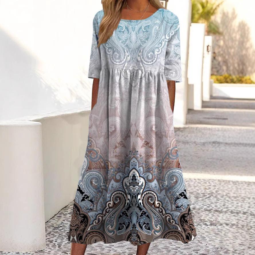 

Женское цветочное миди-платье с круглым вырезом и рукавами средней длины, повседневное летнее платье свободного кроя S