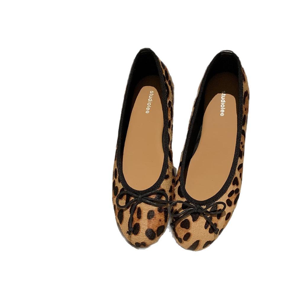 Sheepskin version~ Leather round head light mouth versatile bow leopard print flat sole shoes women's Mary Jane ballet shoes ladyshoes