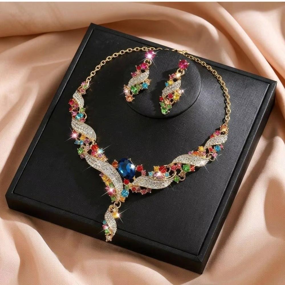 Colorful Rhinestone Jewelry Set Exaggerated Style Collar Necklace Earring Set  Luxury