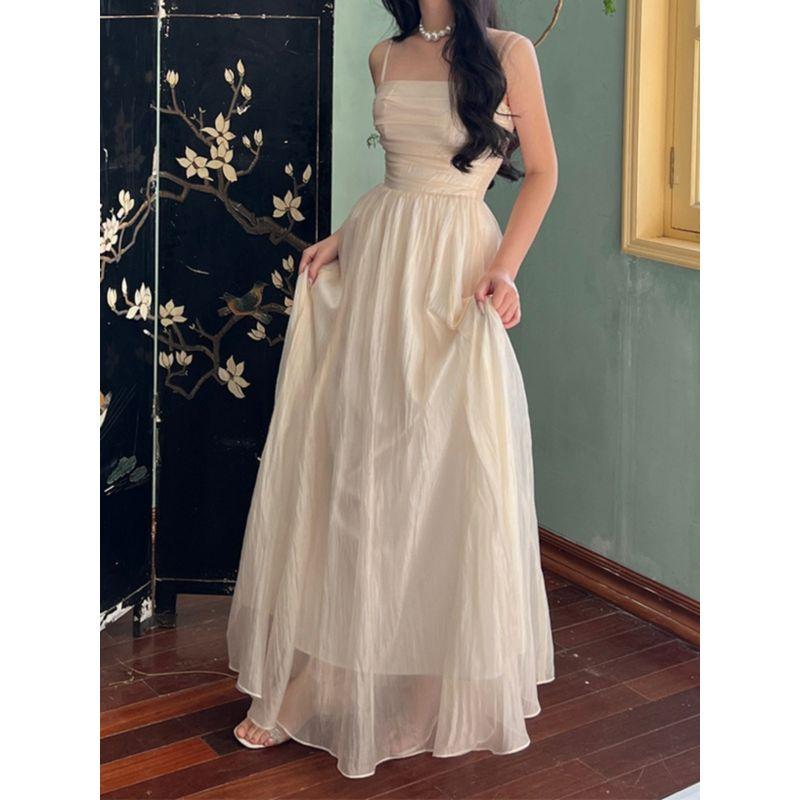 Solid Color Pleated Waist Strap Long Skirt Pure Color Pleated Waist Tight Suspender Skirt