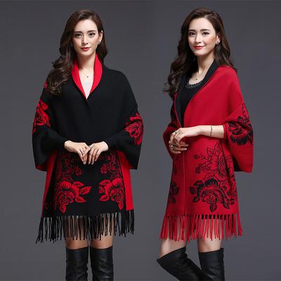 Autumn Fringed Jacquard Cheongsam Shawl Women'S Winter Flower Warm Sleeves Shawl Cape