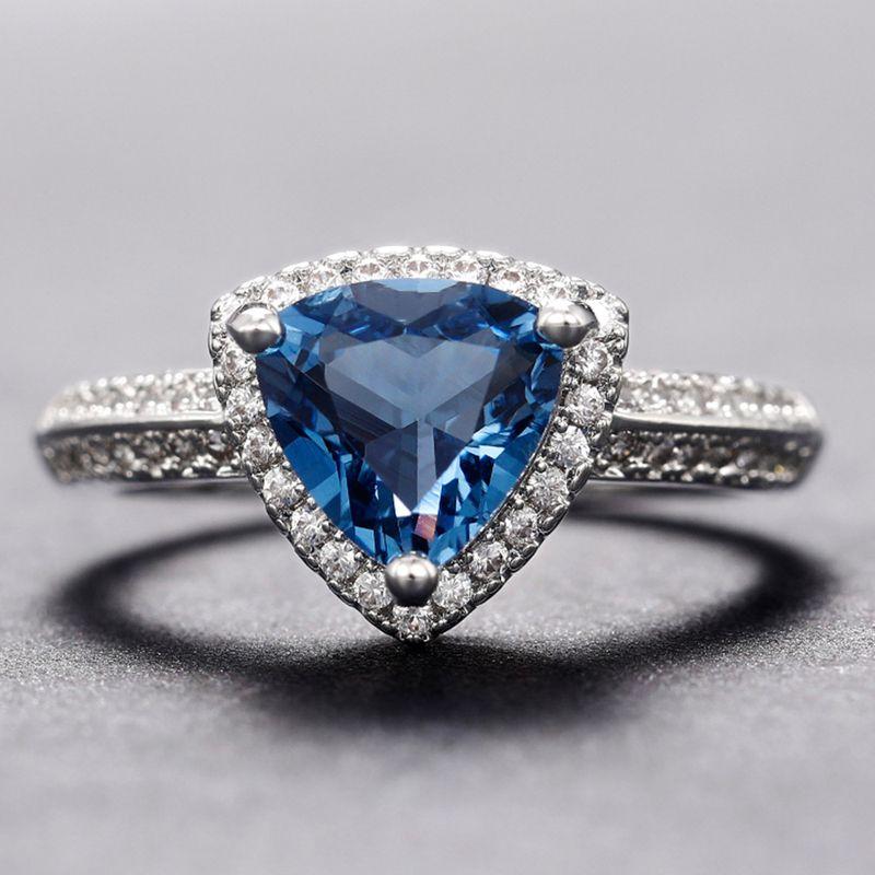 

925 Sterling Copper Luxury Dark Blue Zircon Triangle Rings for Women Fashion Classic Engagement Wedding Zircon Anniversary Gift 7 синий