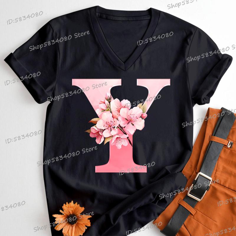 Pink Sakura Alphabet Shirts Gift for Women Letter S Floral Monogram Cartoon Tshirt Cherry Blossom Letters A B C D Casual Tops