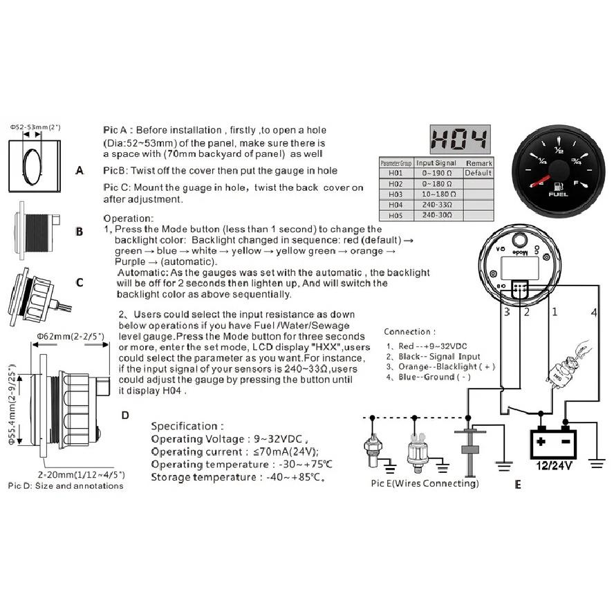 Universal Auto Car 52MM Fuel Level Gauge 8 Color Light 0-190 Ohm Pointer Oil Tank Meter 240-33 Ohm Waterproof 12V 24V Custom