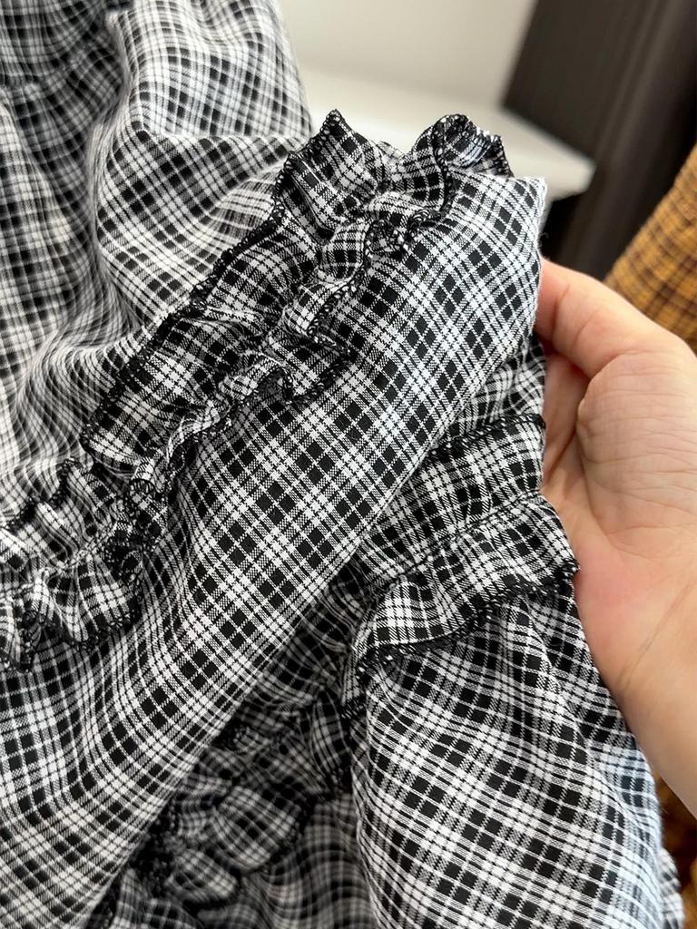 Korean Academy Style Plaid Lace Patchwork Midi Skirt - Spring/Summer New Arrival