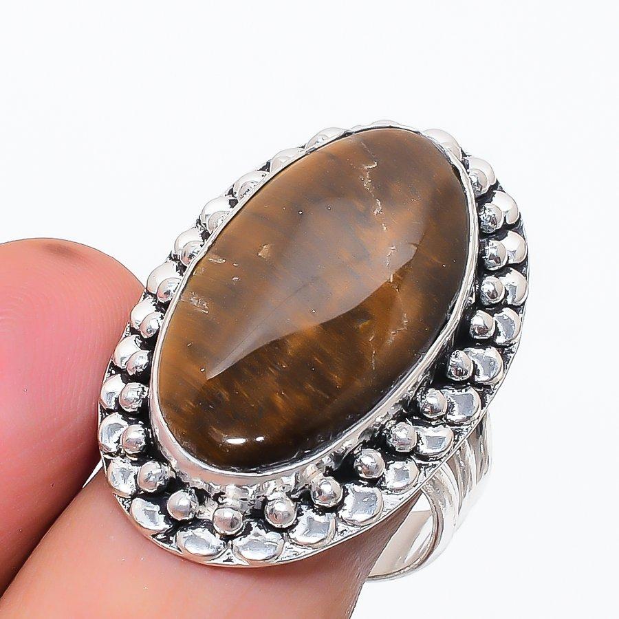Natural Tiger Eye Gemstone Handmade 925 Sterling Silver Jewelry Ring Size 9 y9Q90