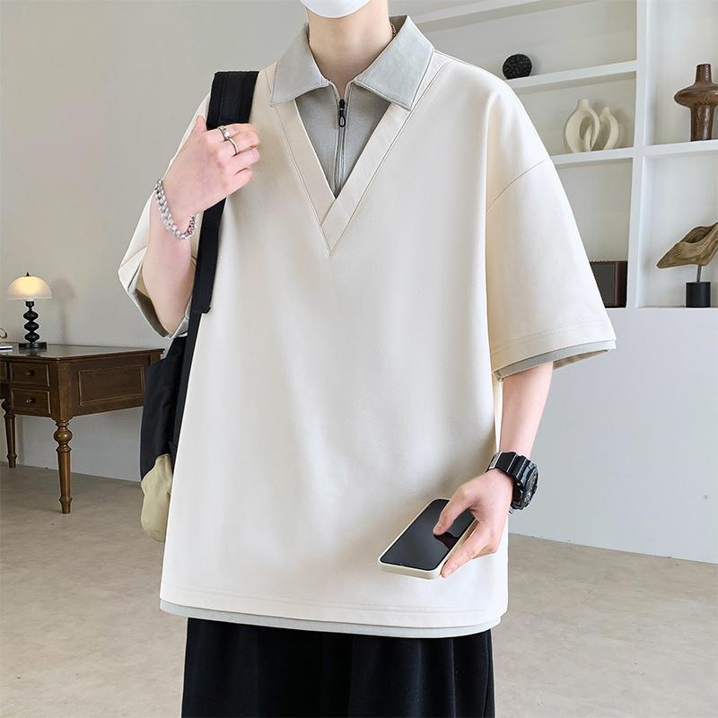 T-shirt Men s Fake Two-piece POLO Shirt Men s Short-sleeved Loose Fake Two-piece Lapel Short-sleeved T-shirt 2XL абрикосовый света