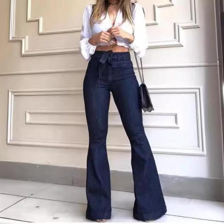 Kadın Retro Yüksek Bel Bootcut Kot Pantolon Esnek Geniş Bacak Denim Pantolon Popo Kaldırıcı İspanyol Paça Pantolon Günlük Giyim Kemeri Bel