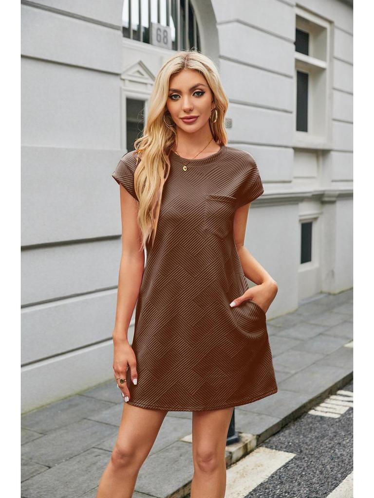 2024 Jacquard Pattern Crew Neck Pocket Short Sleeve Loose Women’s Dress