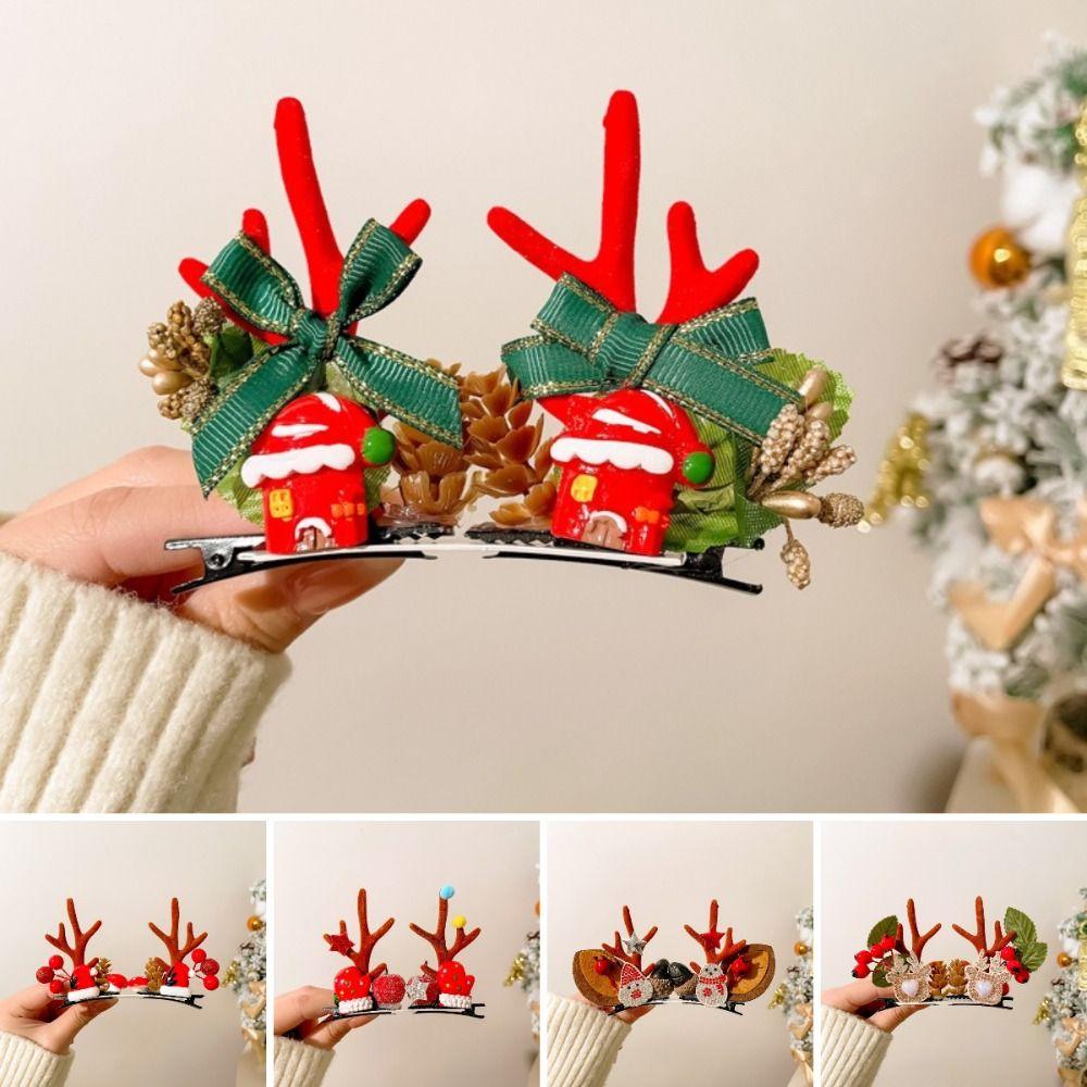 1 Pair Portable Hair Clips Pendants Cute Elk Horn Hair Clips Xmas Headwear  Christmas Decor