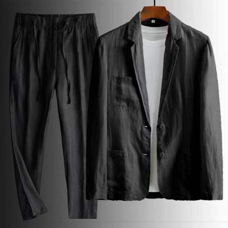 Completo in Lino Moda Uomo Pantaloni a Gamba Larga Set Estivo Due Pezzi