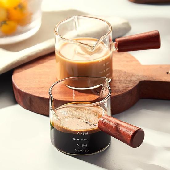 Målekopp i glass med trehåndtak Espresso Melk Kaffekopp 100 ml Dobbel skala Klar Kaffebryggeutstyr