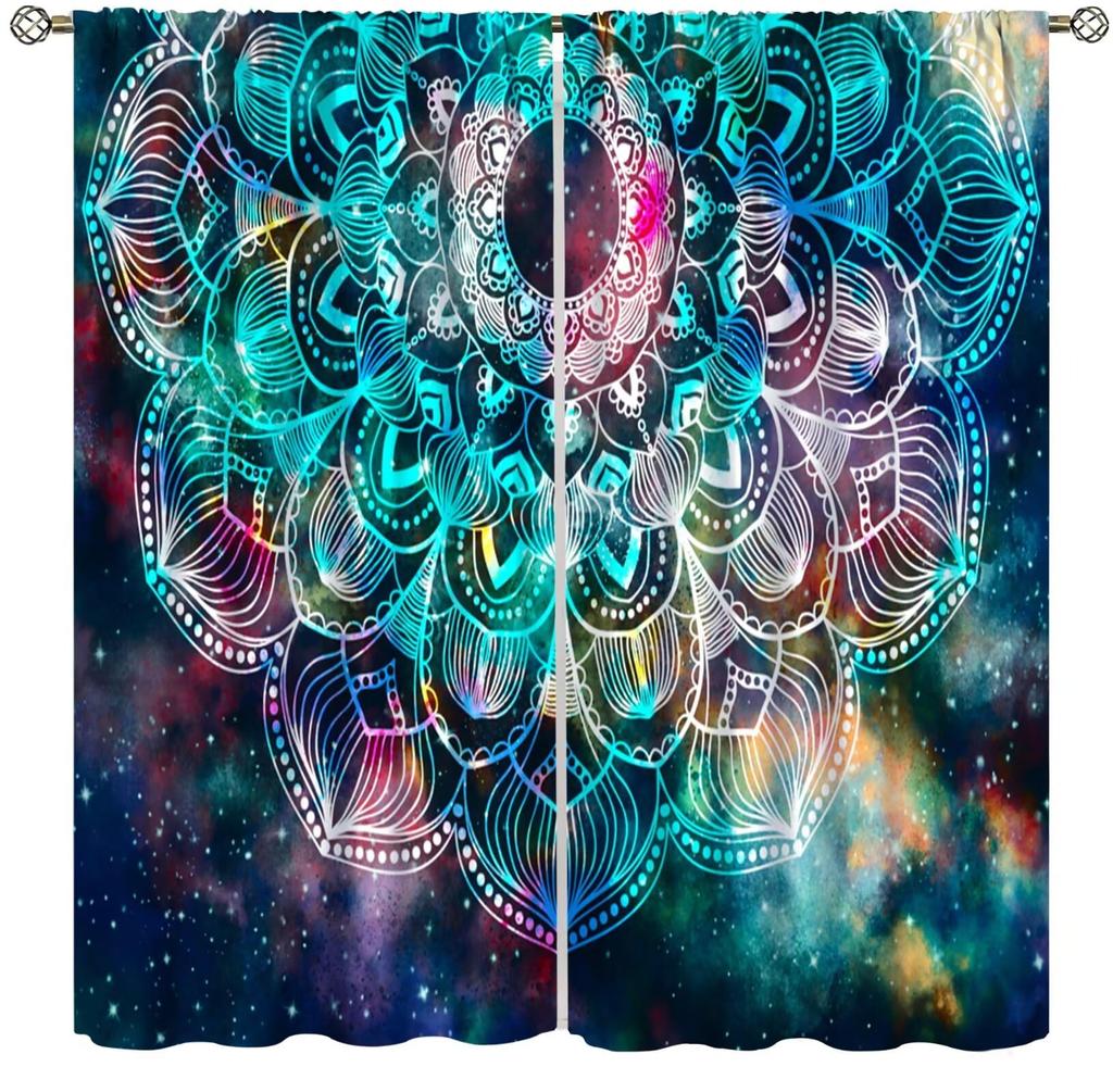 Galaxy Mandala Bedroom Curta - Boho Geometric Colorful Pattern - W42 * L45 Inches