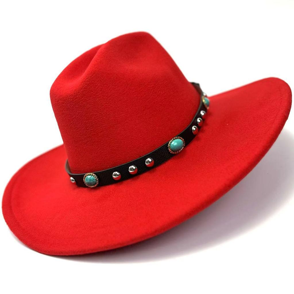 New Western Cowboy Hat, Black Woolen Jazz Top Hat, Four Seasons Men'S And Women'S Turquoise Crimped Felt Hat