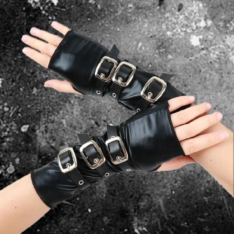 Punk Motorcycling Gloves with Metal Buckles Fastening Soft Arm Sleeves Fingerless Gloves for Women Night Club Dancing
