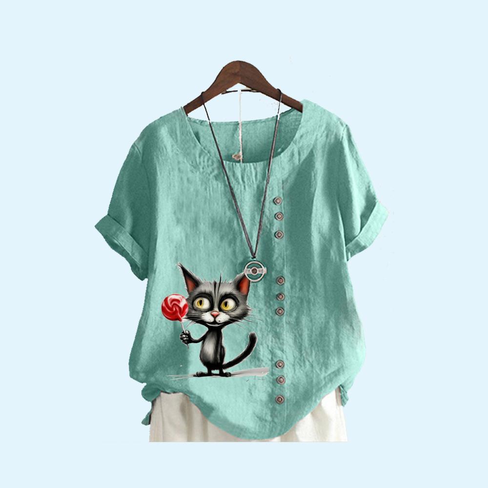 

Женская свободная льняная блузка, женская модная летняя повседневная футболка с круглым воротником и принтом кота XXXXXL озеро синий