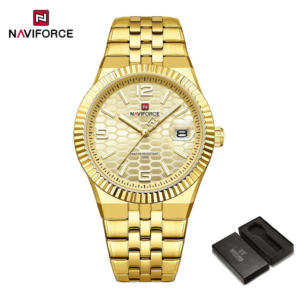 NAVIFORCE Original Men Quartz Watch Calendar Stainless Steel Strap Luminous Hands Honeycomb Dial Design Waterproof 3ATM Men Watch NF9277