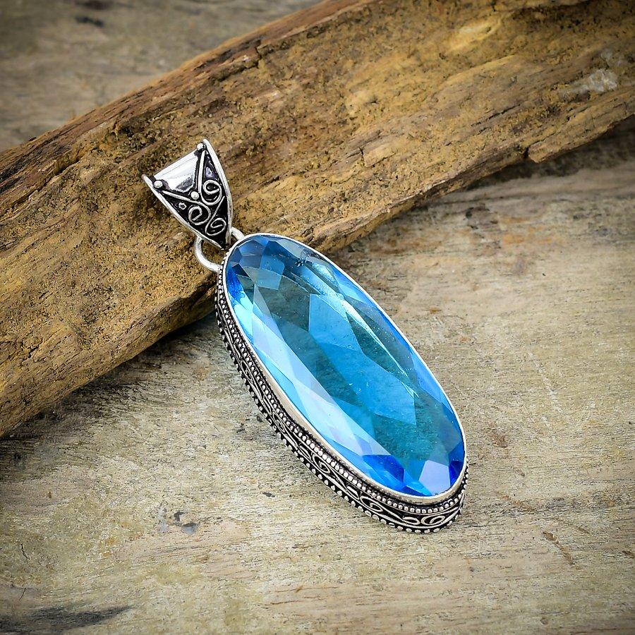 Swiss Blue Topaz Gemstone 925 Sterling Silver Jewelry Pendant 2.48" M-157
