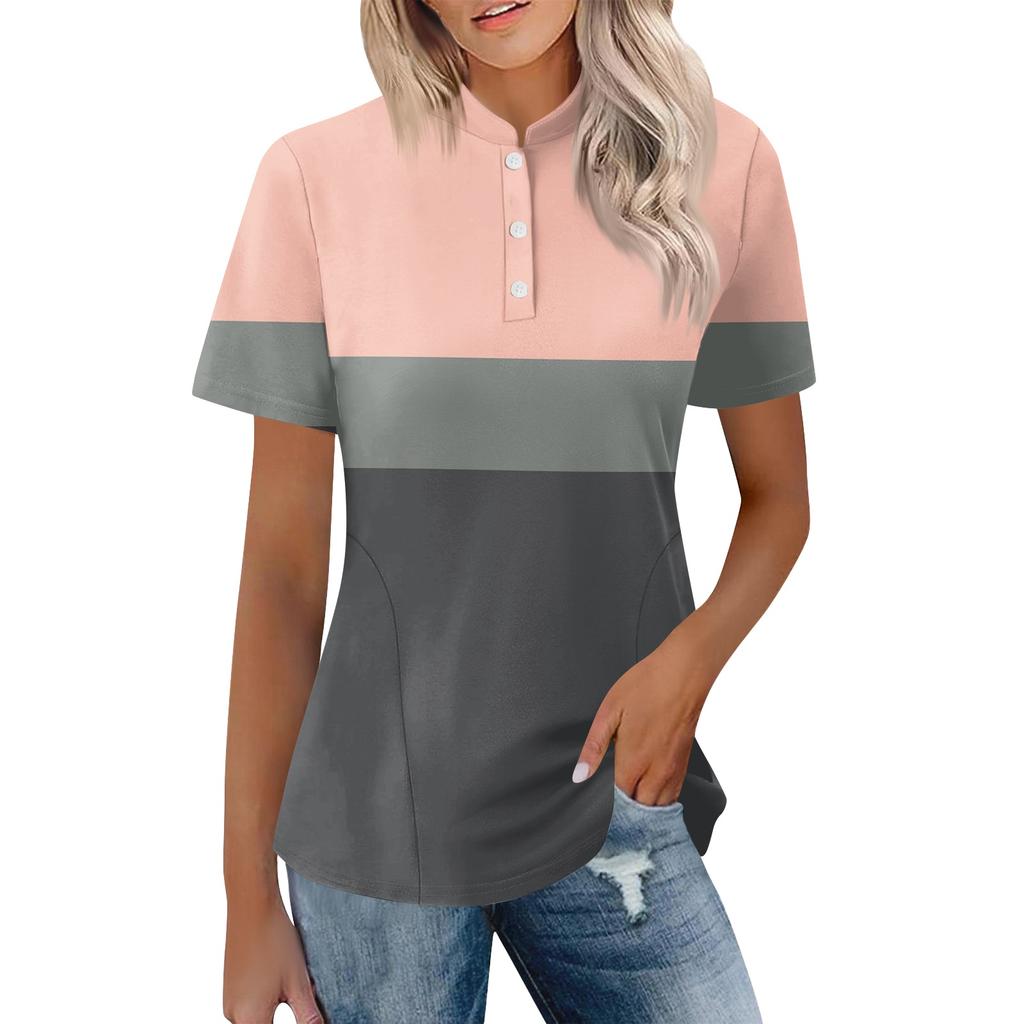 Women Casual Polo Neck Short Sleeve Loose Fit Top Fashionable Pullover Blouse with Button Up Design for Daily Wear