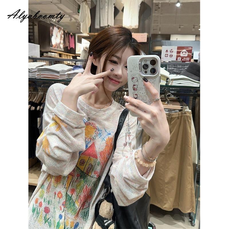 New Fashion Korean Style Spring Autumn Women Streetwear T-Shirt O Neck Colorful Print Oversized Top Long Sleeve Baggy Plus Size Stylish Tee