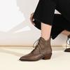 Retro Ankle-Boots mit spitzer Zehenpartie für Damen, klobige Absätze, Schnürung, hochwertige Lederschuhe, Herbst Frühling, französische Kurzstiefel
