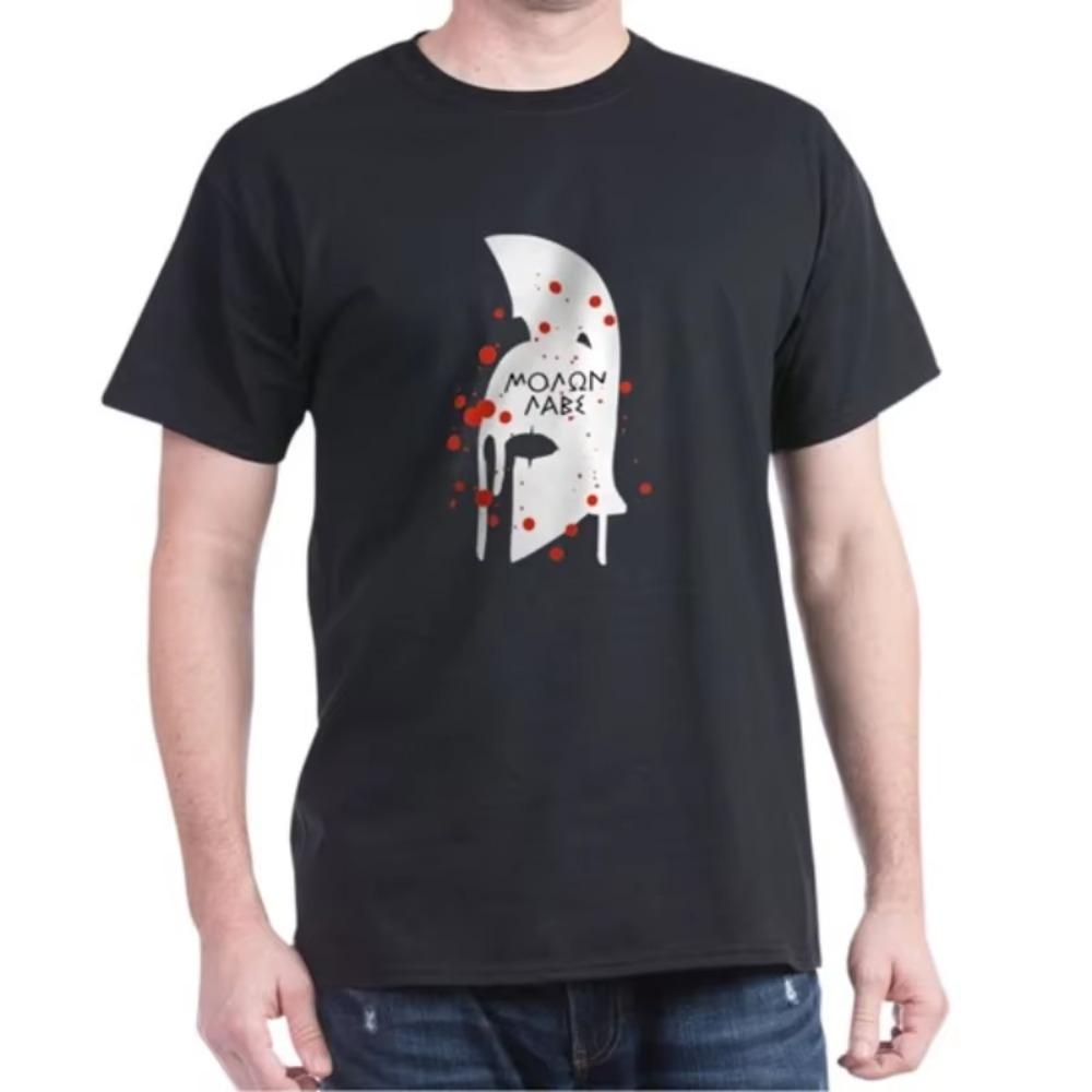 

Blood Spartan Helmet Molon Labe T-Shirt 100% Cotton O-Neck Summer Short Sleeve Casual Mens T-shirt Size S-3XL XXXXXL темно-синього кольору