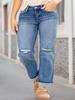 Plus Size Women's Mid-Waist Ripped Stretch Straight-Leg Jeans - Comfortable Denim Long Pants