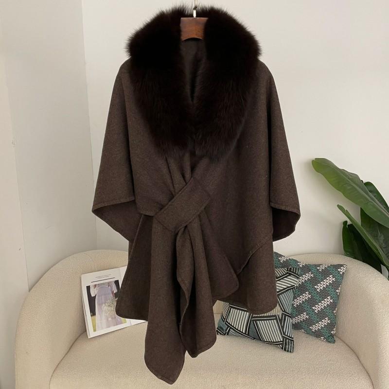 Womens Winter Wool Blend Cape Shawl Cardigan With Faux Fur Collar Loose Fit Oversized Knit Coat