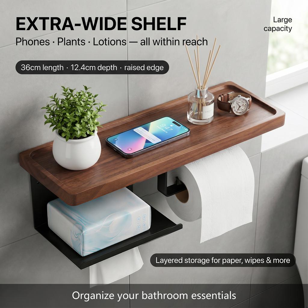 Wall Mount Toilet Paper Holder with Wooden Storage Shelf Rustproof Bathroom Tissue Rack for Phone Perfume Bathroom Decoration