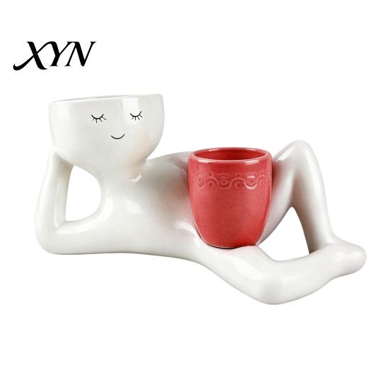Waterproof Plant Pot Lazy Guy Planter, Little Character Flowerpot Ornament, Creative Lying Holder Humanoid Double Planter for Succulents Home