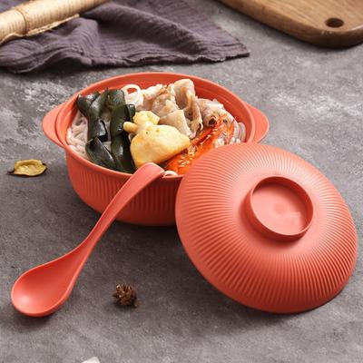 4 Set Kitchen Utensils Large Capacity Ramen Noodles Bowl Vertical Striped with Lid and Spoon Salad Bowl Plastic Soup Bowl Picnic