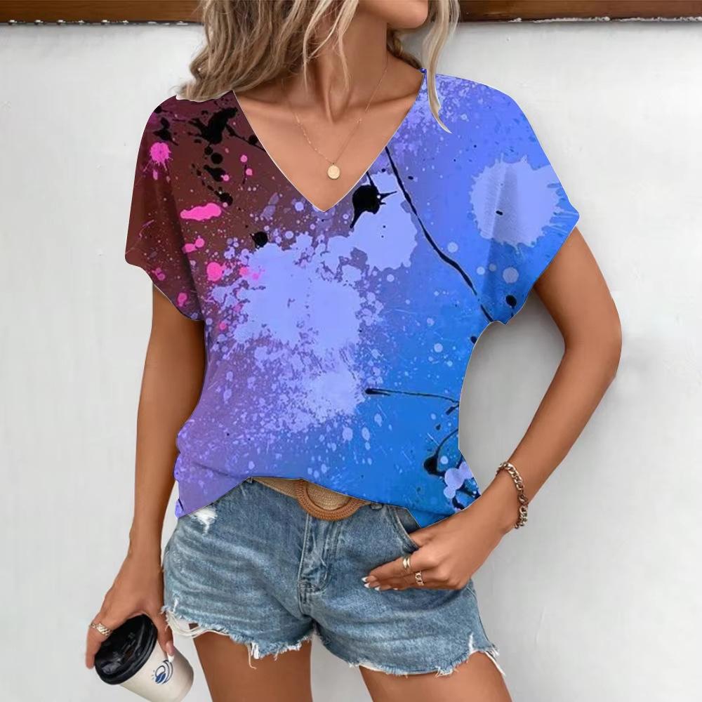 Summer V-neck 3D Color Splashed Ink Printed Top Fashionable Casual Short Sleeved Women's T-shirts