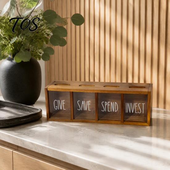 Clear Acrylic Cash Organizer Wooden Piggy Bank with 4 Compartments, Transparent Money Box, Saving Box for Kids Wall Mounting Coin Container Financial