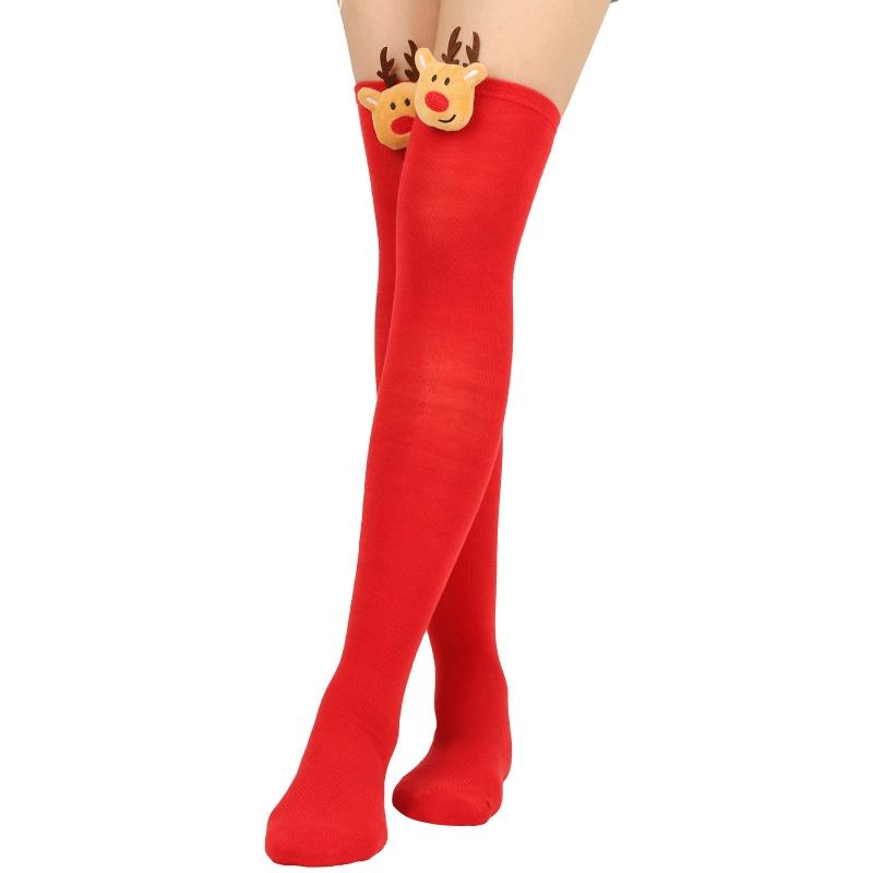 Damen Weihnachten Overknee Lange Socken Niedlich 3D Plüsch Hirsch Elch Gestreifter Druck Oberschenkelhohe Strümpfe Feiertagsparty Strumpfwaren