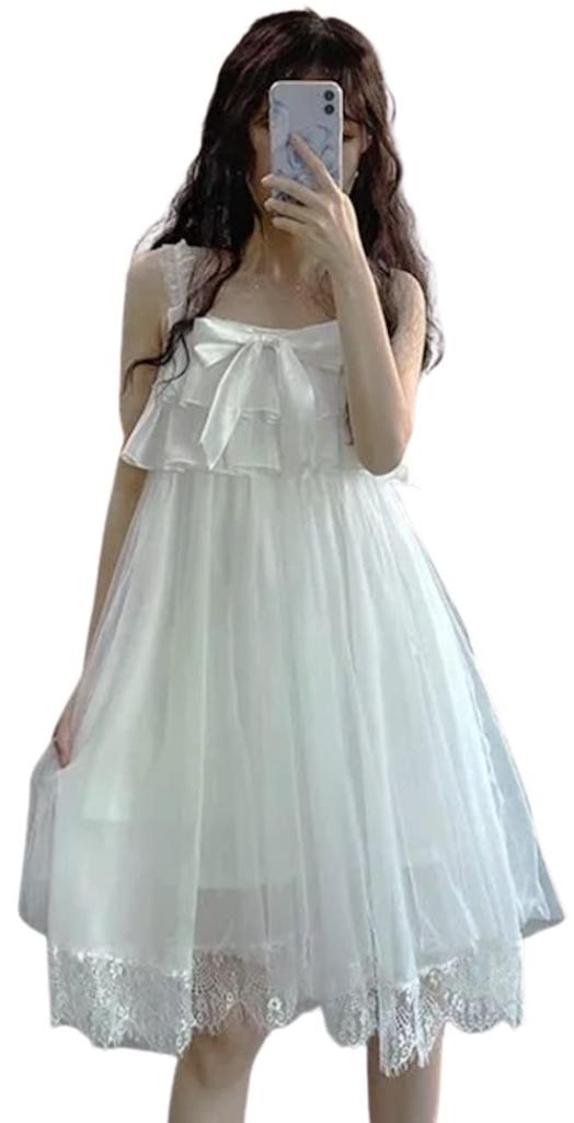 White Lace Dress Lolita Wedding Clothes Cosplay Costume White Empire Knee Length Sleeveless Dress [Lady Lazy] A-Line After-Party Women's (L)