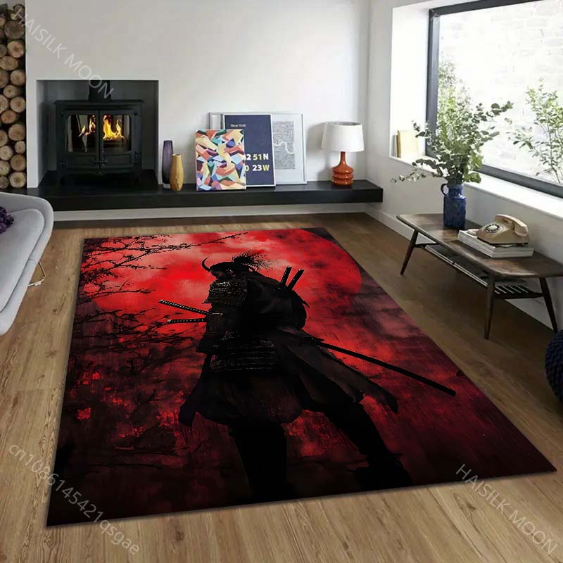 1PC Samurai with Red Moon Backdrop Print Carpet Rug for Living Room Bedroom Sofa Doormat Home Decor Non-slip Floor Mat