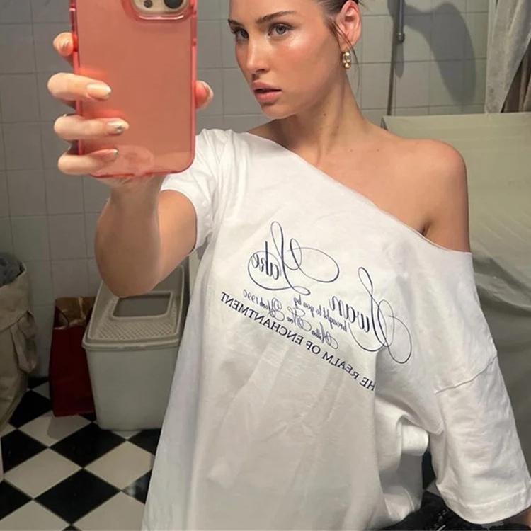 2KWEIRD Casual Relax Woman T-shirt Letter Women Hot New Versatile Street Atmosphere Style Fashionable Chick Summertime Tops