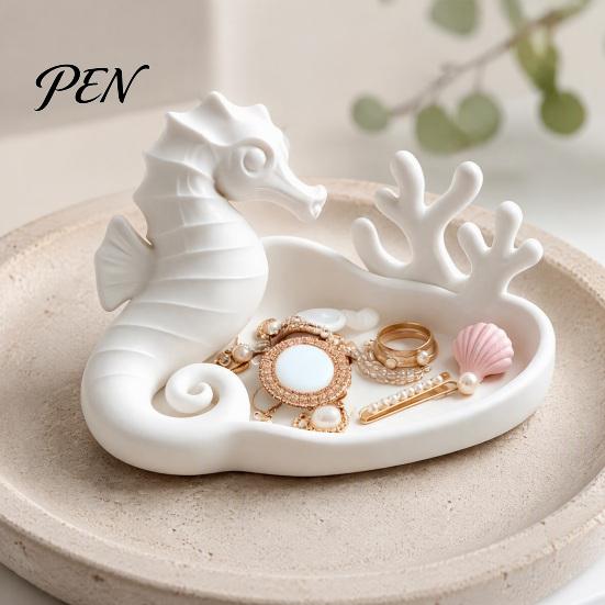 Seahorse Jewelry Dish Coral Tray, 3D Printed Ocean Themed Ring Earring Small Accessory Holder Holder, Decorative Trinket for Vanity Table Desktop