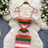 Summer Women Casual Spaghetti Strap Striped Knitted Sheath Sweater Dresses