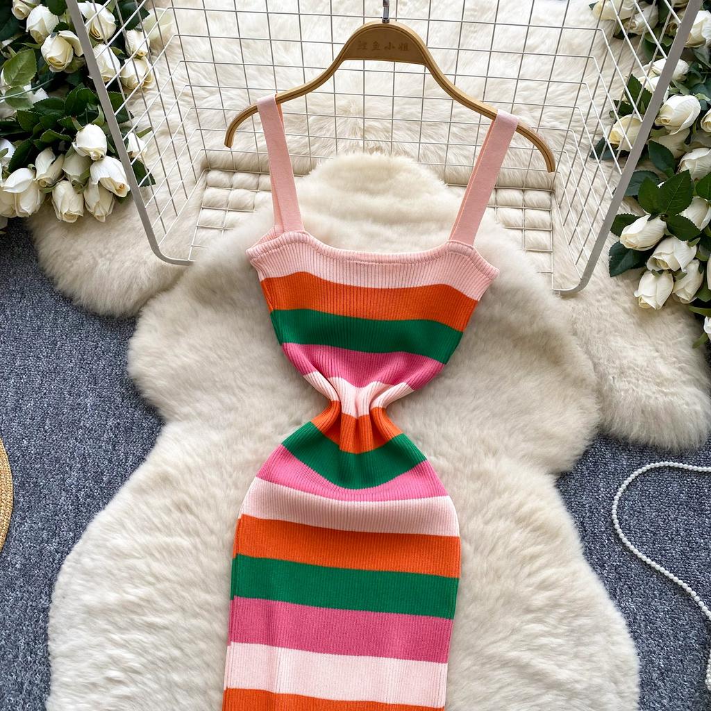 Summer Women Casual Spaghetti Strap Striped Knitted Sheath Sweater Dresses