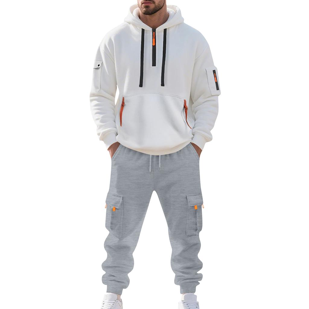 Traje Casual de Color Sólido para Hombre Sudadera Deportiva Holgada con Capucha con Bolsillos Mono con Múltiples Bolsillos