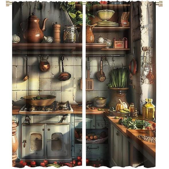 

Kitchen Seasoning Theme Blackout Curtain, Vintage Farmhouse Kitchen Seasoning Decorative Curtain, Kitchen Living Room Decoration Food Theme Curtain 2 42 W x 45 L (Pack of 1)