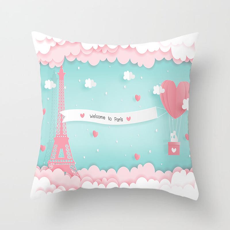 Home Decor Eiffel Tower & Balloon Paris Themed Pillow Covers Pattern Cushion Cover Suitable for Sofa Bedroom Car Pillow Cover