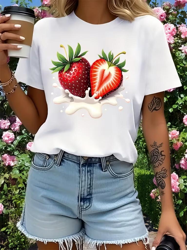 Red Strawberry Ice Cream Pattern Women's Short Sleeved T-shirt Fashion Breathable and Comfortable Round Neck Casual Women's Top