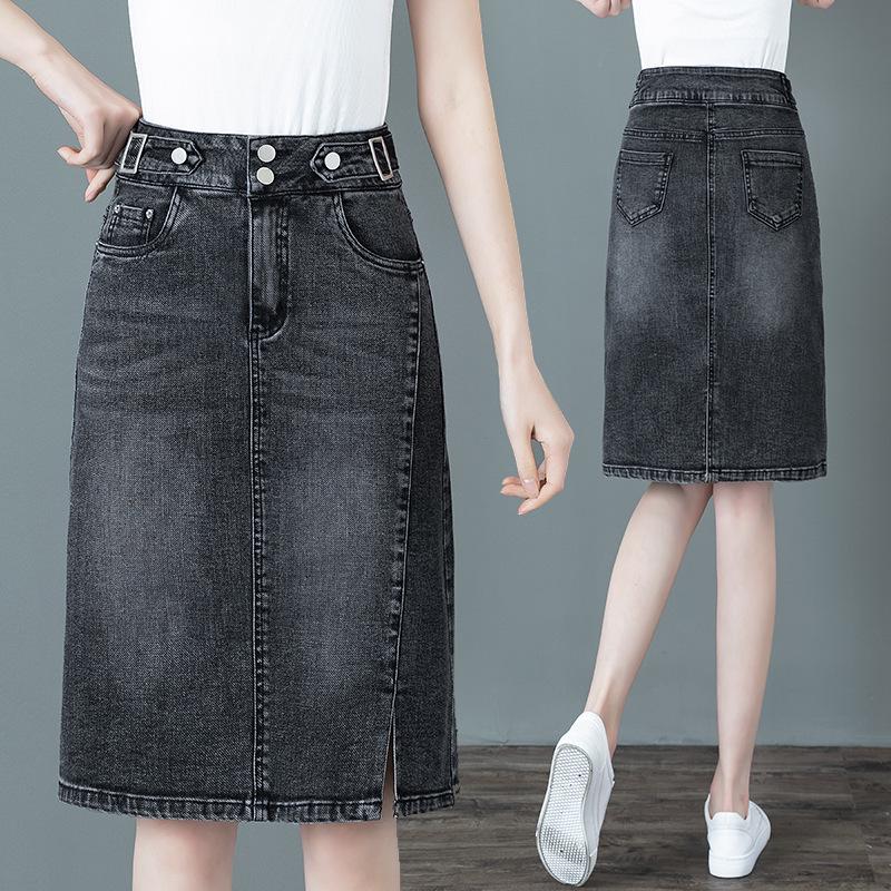 Women's High-Waist Denim Slit Midi Skirt, Slimming Elastic, No Lining - Spring/Summer Fashion