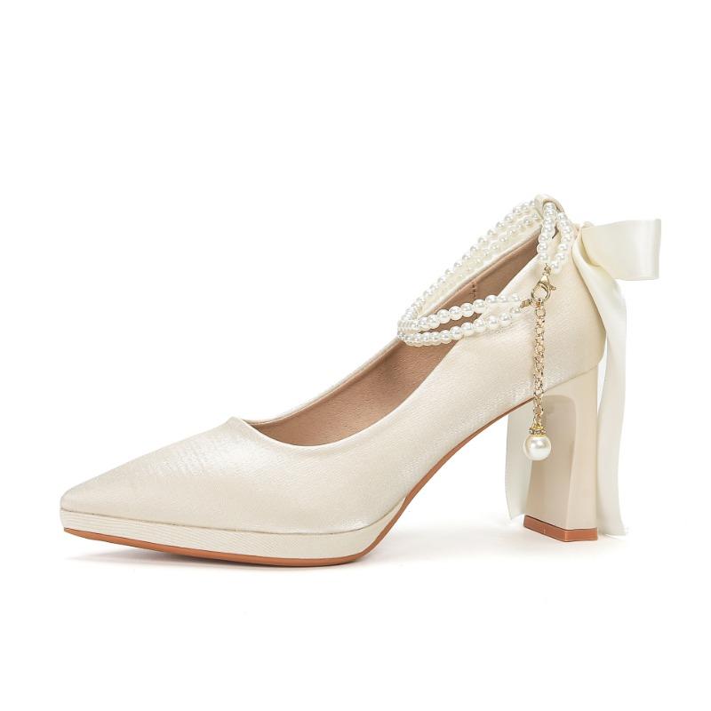 

6-Темперамент замшевые туфли-лодочки на толстом каблуке с острым носком, женские туфли с бантом и жемчугом, водонепроницаемые туфли на высоком каблуке-танкетке 40 шампанского