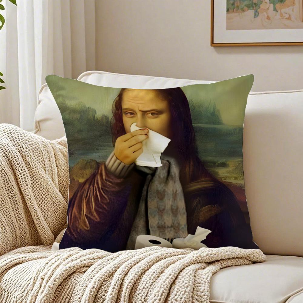 Classic Art Mona Lisa Wearing Pearls Girl Cushion Cover Linen Pillowcase Soft For Sofa Bed Home Room Decor