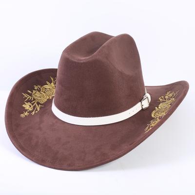 Popular European and American Classic Suede Western Cowboy Hat Men's and Women's Big Brim Embroidered Outdoor Sun Hat